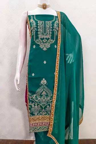  sea green heavy embroidery & fancy border georgette dress material