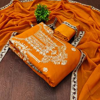  yellow heavy embroidery & fancy border georgette dress material 4