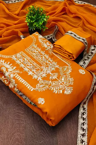  yellow heavy embroidery & fancy border georgette dress material