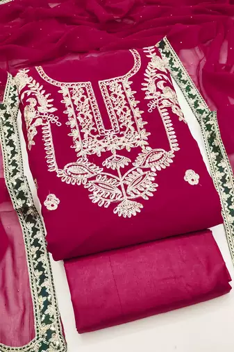 Women's magenta unstitched heavy embroidery & fancy border georgette dress material (gngr50127mgt)