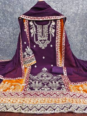  purple heavy embroidery & fancy border georgette dress material 2