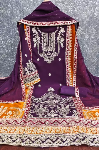  purple heavy embroidery & fancy border georgette dress material