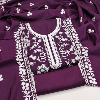  purple heavy thread embroidery & fancy border jalpari silk dress material 1