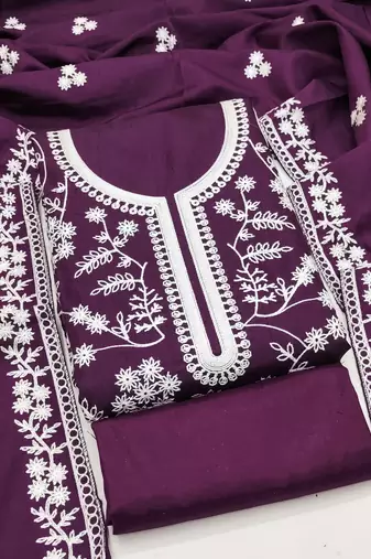 Women's purple unstitched heavy thread embroidery & fancy border jalpari silk dress material (gngr50126ppl)