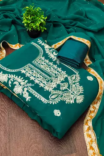  sea green heavy embroidery & fancy border georgette dress material