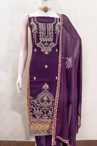  purple heavy embroidery & fancy border georgette dress material