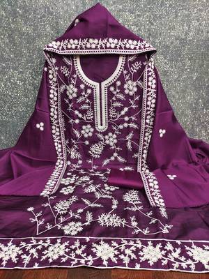  purple heavy thread embroidery & fancy border jalpari silk dress material 2