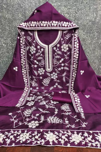  purple heavy thread embroidery & fancy border jalpari silk dress material