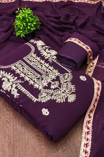  purple heavy embroidery & fancy border georgette dress material