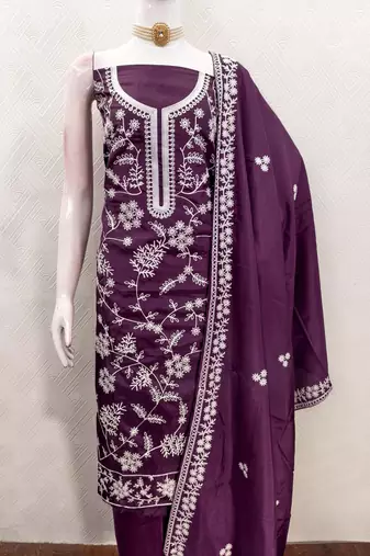  purple heavy thread embroidery & fancy border jalpari silk dress material