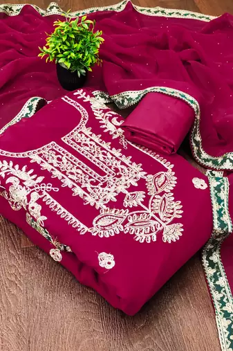  magenta heavy embroidery & fancy border georgette dress material
