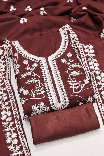 Women's maroon unstitched heavy thread embroidery & fancy border jalpari silk dress material (gngr50126mrn)