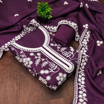  purple heavy thread embroidery & fancy border jalpari silk dress material 4