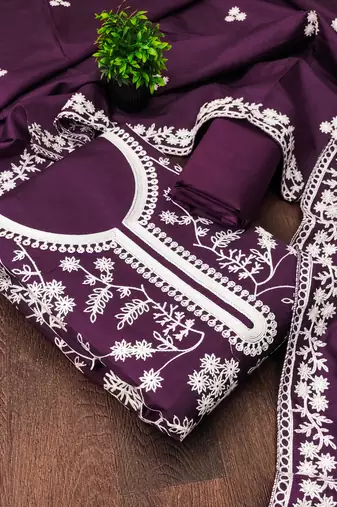  purple heavy thread embroidery & fancy border jalpari silk dress material