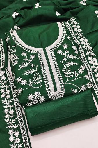 Women's green unstitched heavy thread embroidery & fancy border jalpari silk dress material (gngr50126grn)