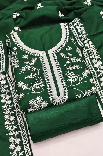 Women's green unstitched heavy thread embroidery & fancy border jalpari silk dress material (gngr50126grn)