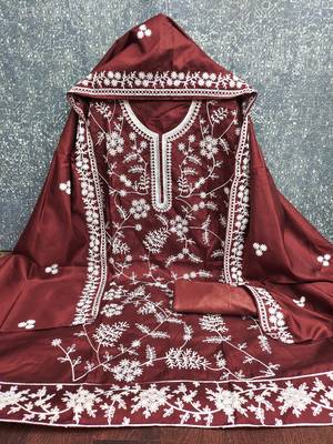  maroon heavy thread embroidery & fancy border jalpari silk dress material 2