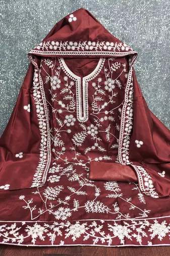  maroon heavy thread embroidery & fancy border jalpari silk dress material