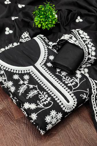 Women's black unstitched heavy thread embroidery & fancy border jalpari silk dress material (gngr50126blk)