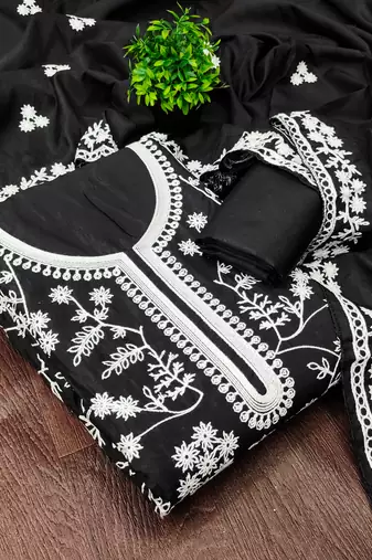 Women's black unstitched heavy thread embroidery & fancy border jalpari silk dress material (gngr50126blk)
