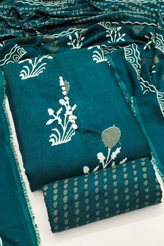 Women's sea green unstitched print slub cotton dress material (gngr50125sgn)