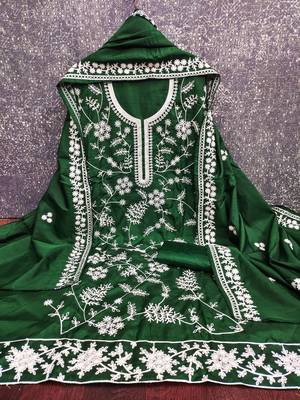  green heavy thread embroidery & fancy border jalpari silk dress material 2
