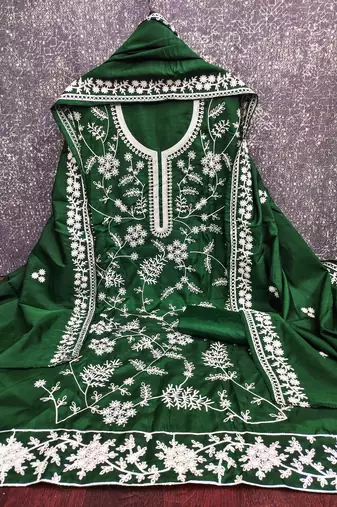 green heavy thread embroidery & fancy border jalpari silk dress material