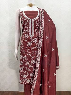  maroon heavy thread embroidery & fancy border jalpari silk dress material 3
