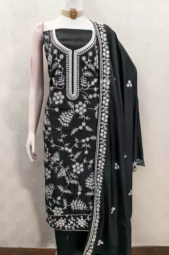  black heavy thread embroidery & fancy border jalpari silk dress material
