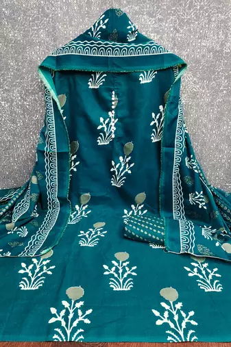 sea green print slub cotton dress material