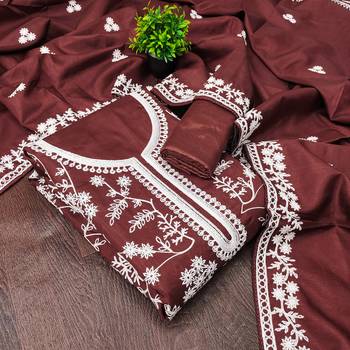  maroon heavy thread embroidery & fancy border jalpari silk dress material 4