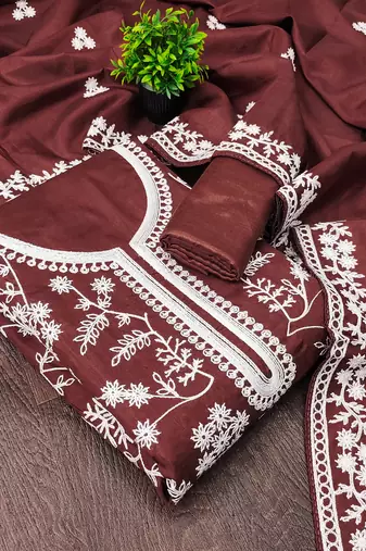  maroon heavy thread embroidery & fancy border jalpari silk dress material