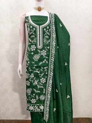  green heavy thread embroidery & fancy border jalpari silk dress material 3