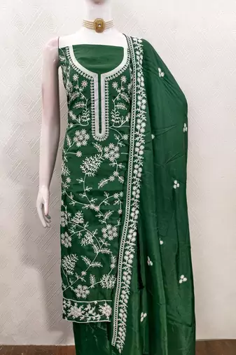  green heavy thread embroidery & fancy border jalpari silk dress material