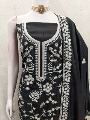  black heavy thread embroidery & fancy border jalpari silk dress material 3