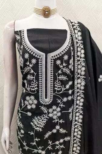  black heavy thread embroidery & fancy border jalpari silk dress material