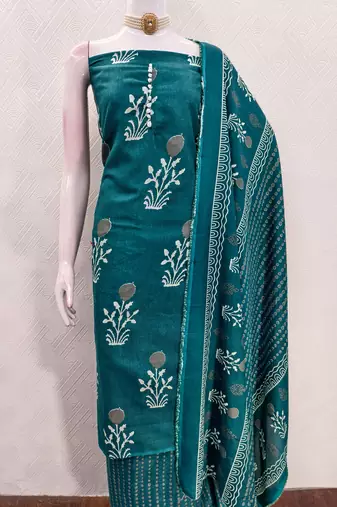  sea green print slub cotton dress material