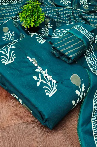  sea green print slub cotton dress material