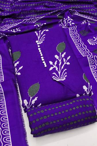 Women's royal blue unstitched print slub cotton dress material (gngr50125rbl)
