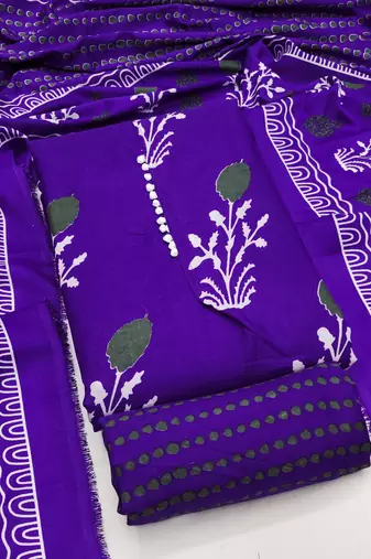 Women's royal blue unstitched print slub cotton dress material (gngr50125rbl)