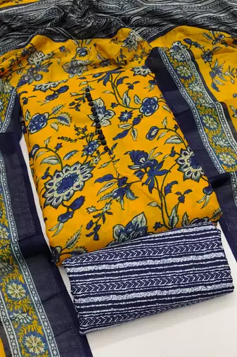 Women's mustard unstitched print slub cotton dress material (gngr50125mtd)