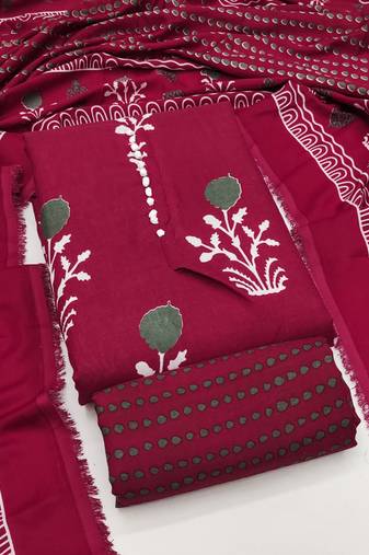 Women's maroon unstitched print slub cotton dress material (gngr50125mrn)