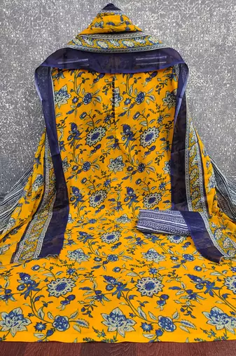  mustard print slub cotton dress material