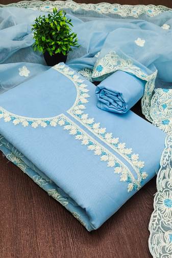 Women's sky blue unstitched heavy thread embroidery & fancy border chanderi silk dress material (gngr50124sbl)