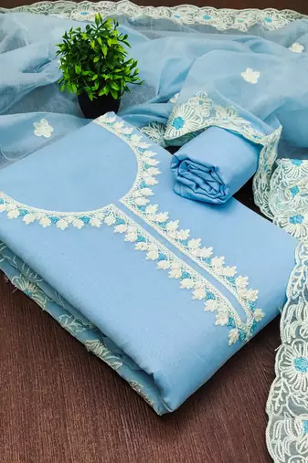 Women's sky blue unstitched heavy thread embroidery & fancy border chanderi silk dress material (gngr50124sbl)