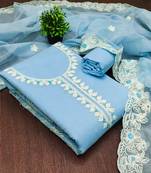 Women's sky blue unstitched heavy thread embroidery & fancy border chanderi silk dress material (gngr50124sbl)