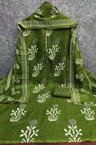  green print slub cotton dress material