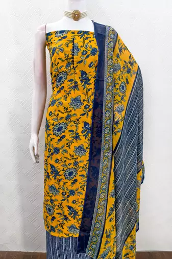  mustard print slub cotton dress material