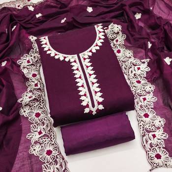  purple heavy thread embroidery & fancy border chanderi silk dress material 1