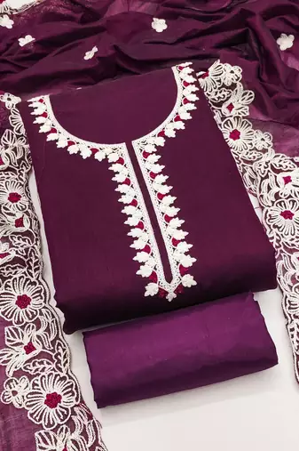 Women's purple unstitched heavy thread embroidery & fancy border chanderi silk dress material (gngr50124ppl)
